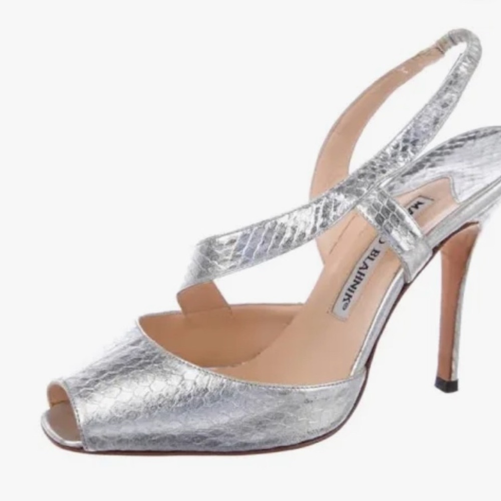 Manolo Blahnik Silver Peep-Toe Heels